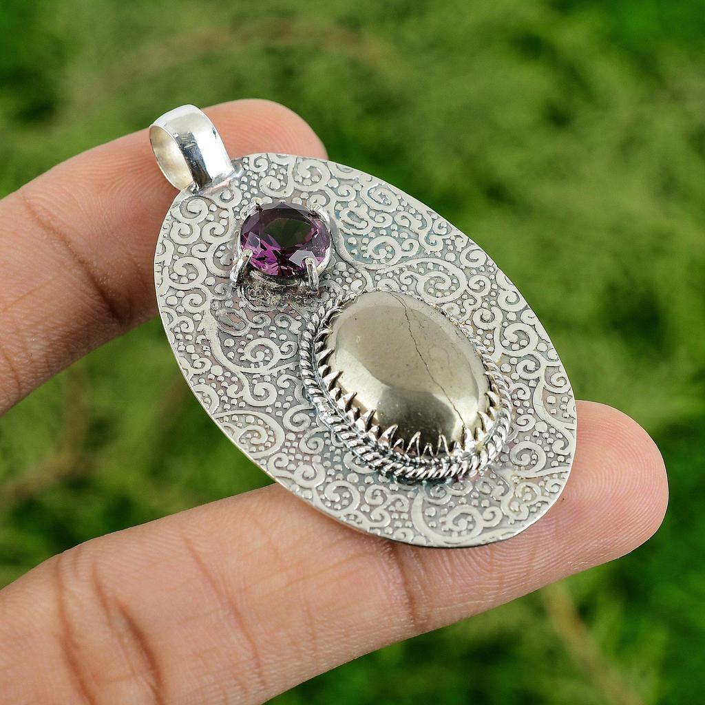 Töchtertag Angebot Pyrit Edelstein Afrikanischer Amethyst Anhänger Schmuck 925 Silber