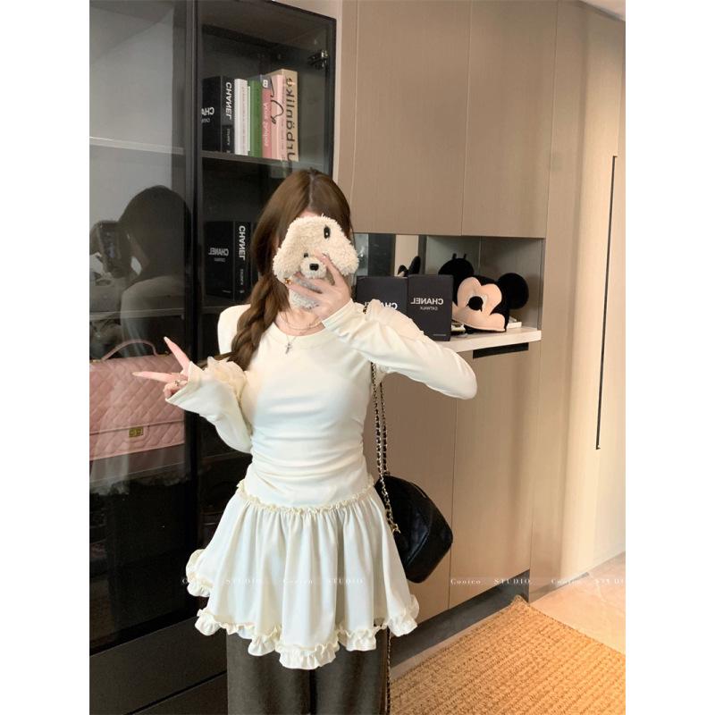 Женская облегающая осенняя футболка в корейском стиле со сладким кружевным подолом и длинными рукавами XL