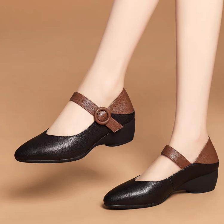 Breathable Low Heel Soft Leather Wedge Heel Autumn New Single Shoes Thick Heel Pointed Leather Shoes