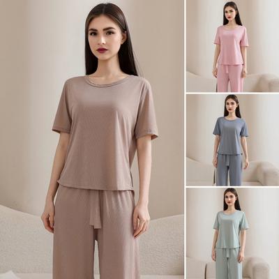 Women's Summer Pajama Set Round Neck Short Sleeve Top And Pants Sleepwear Set Casual Loose Two Piece Lounge Set