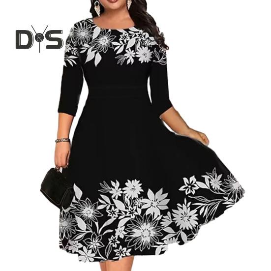

Летнее платье миди с круглым вырезом и рукавами 3/4, принт в виде бабочек и цветов, обтягивающее, свободный подол, А-силуэт, элегантное повседневное платье в уличном стиле 3XL