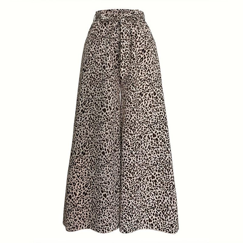 Women s pants Foreign trade elastic slim elastic waist leopard print big flared pants Women s commuter belt bow trousers S