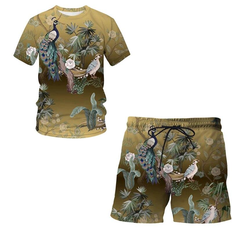 Estetyczny ptak i roślina 3D Print męskie koszulki z okrągłym dekoltem luźna koszulka z krótkim rękawem dwuczęściowy zestaw moda letnia odzież męska