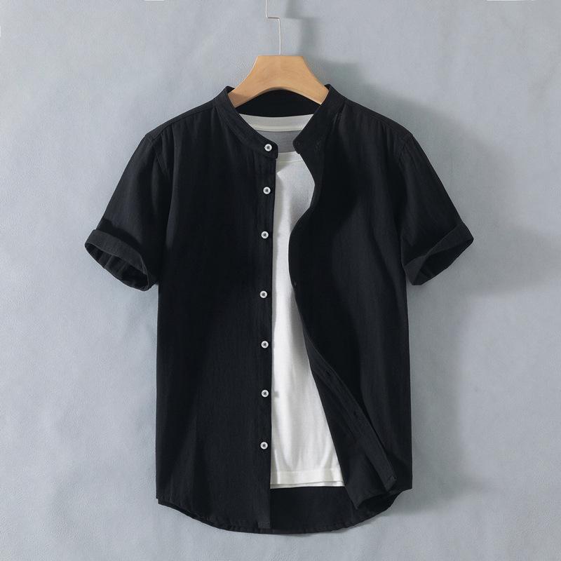 New Stand-up Collar Short-sleeved Cotton and Linen Shirt Men's Fresh Solid Color Loose Shirt