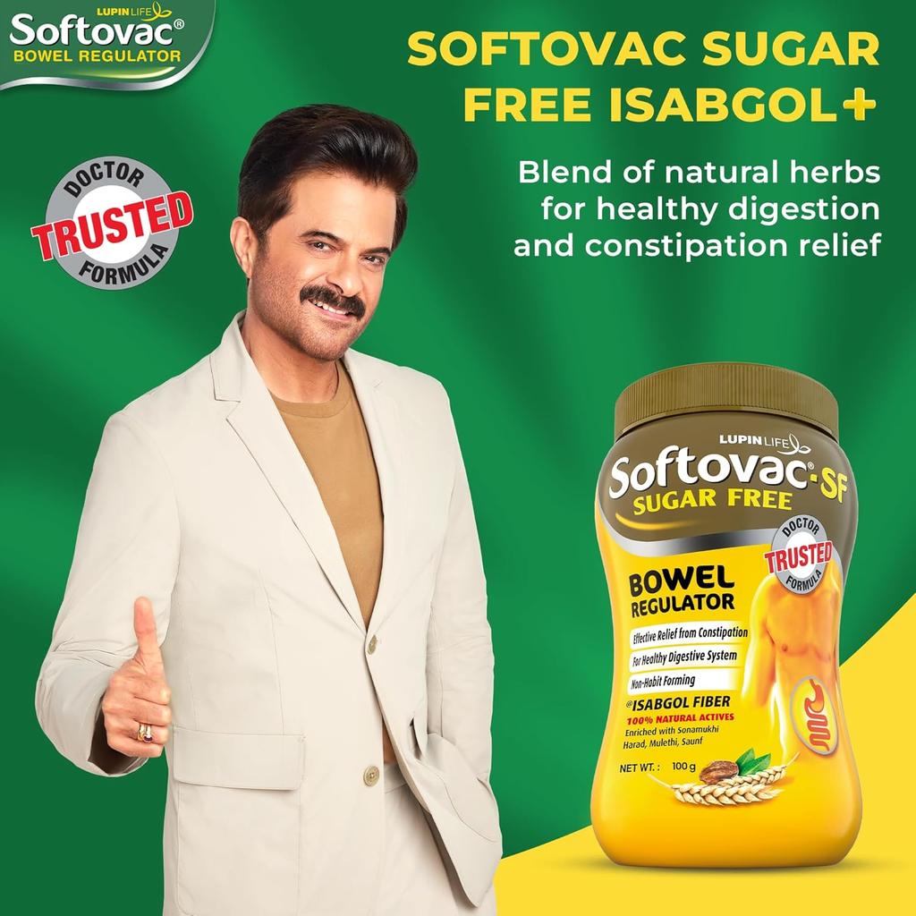Softovac SF Isabgol Bowel Regulator Powder 100 G Pack of 1, Gentle Sugar Free Laxative for Constipation Relief, Supports Digestion and Gut Health