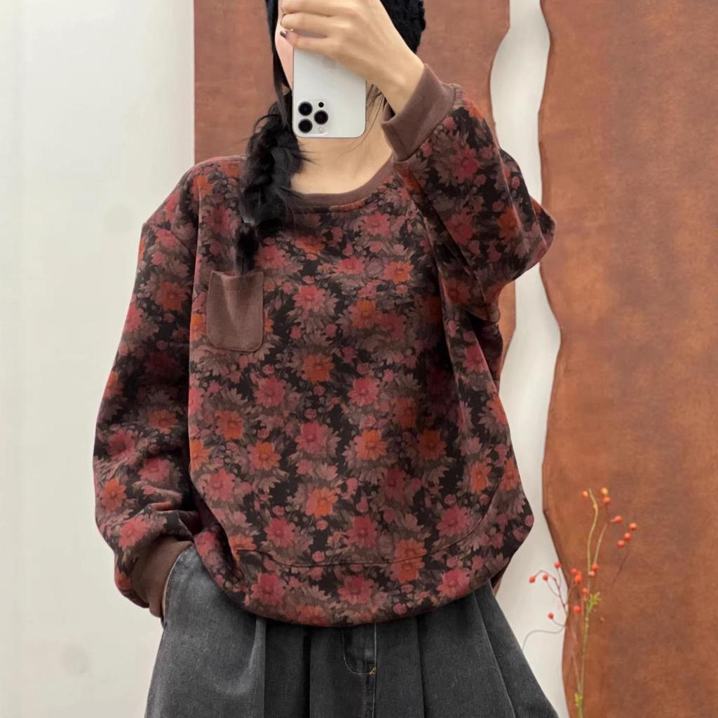 2026 Spring Artistic Printed Round Neck Loose Casual Women's Sweatshirt
