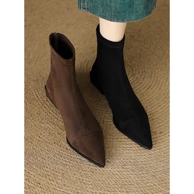 Elastic Skinny Boots Women's Skinny Rear Zipper Bare Boots Thick Heel Pointed Short Boots