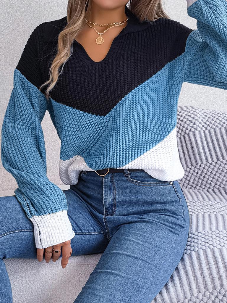 Dámský ležérní svetr Pletený svetr s klopou v kontrastní barvě s dlouhým rukávem