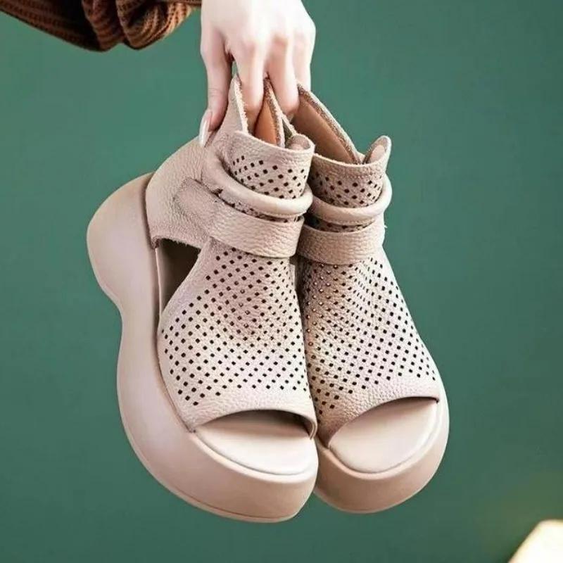 New Women's Hollow Breathable Hole Shoes Thick Sole Leather Fish Mouth Hook Loop Retro Comfortable Wedge Sandal Plus Size 43