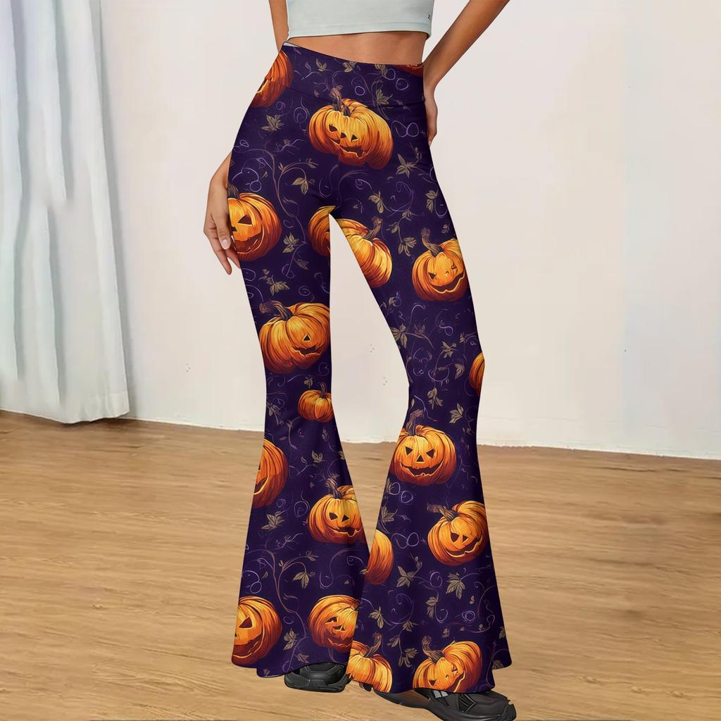Women's Halloween Print Flared Yoga Pants High Waist Stretch Casual Fitness Leggings with Pumpkin and Spiderweb Design