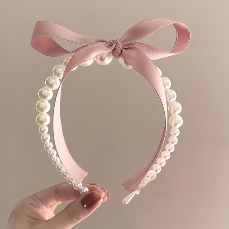 1PC Pink Bow Ribbon Pearl Headband Premium Sense Sweet Temperament Hairpin Headband