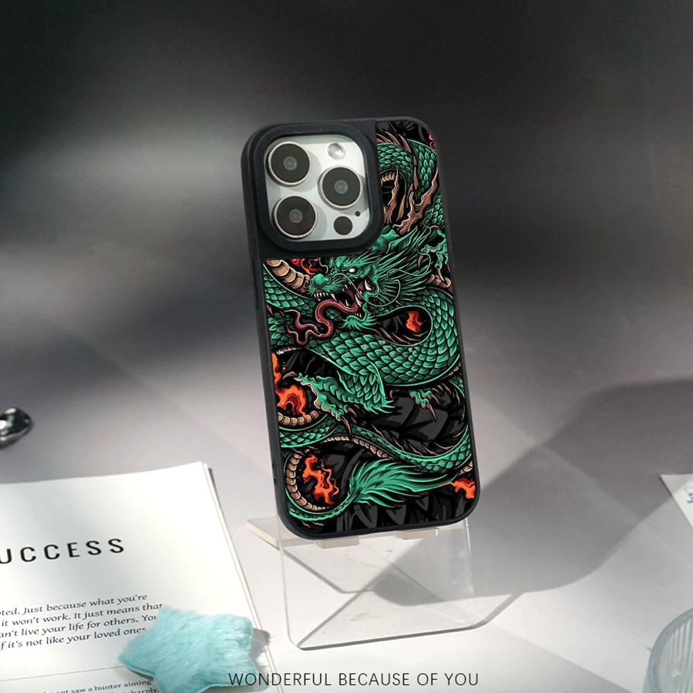 Japanese Dragon Super Cool Painting Phone Case for iPhone 17 16 E 15 14 13 12 Pro Max Sheepskin Silver-edged Protective Case