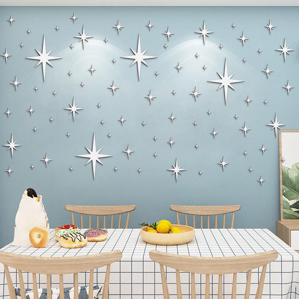 3D Silver Star Acrylic Mirror Wall Stickers 82PCS Self-Adhesive Reflective Wall Decal For Bedroom Living Room DIY Home Decor