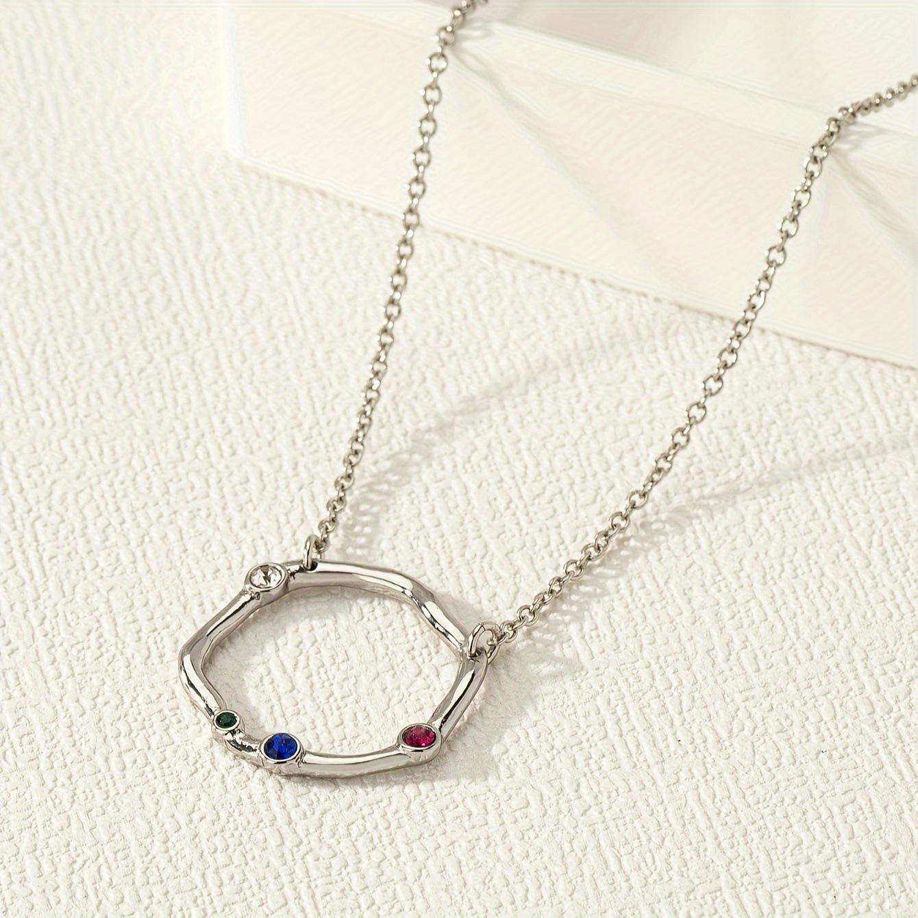 A silver-gray hollow design simple wave diamond colored gemstone circle pendant women s neck chain necklace