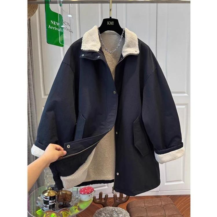 Winter Fleece Lined Velvet Windbreaker Thickened Cotton Jacket Loose Casual Coat Top for Women