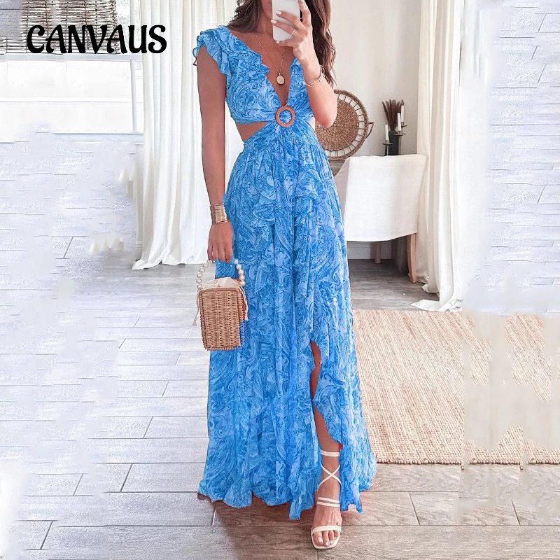 

Женские летние сексуальные длинные плиссированные платья без талии с глубоким V-образным вырезом и принтом