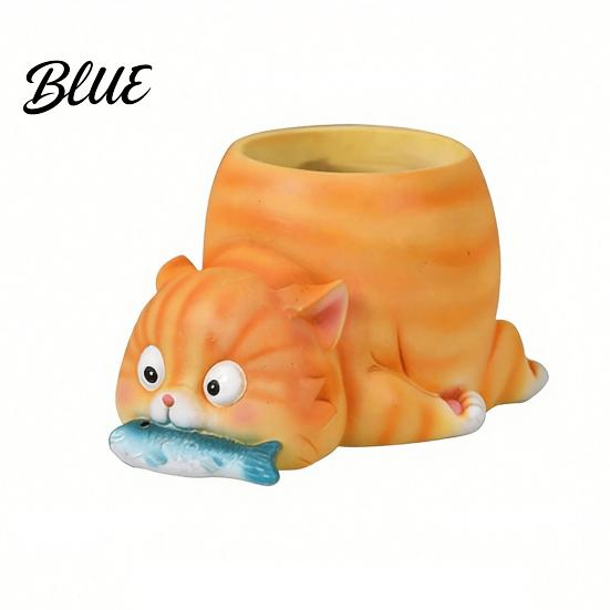 Langlebige Harz-Katzenfigur Pflanzgefäß Fressender Fisch Pflanzgefäß Niedriger Blumentopf mit Drainage Lustiger Kleiner Innenbehälter Corgi für Sukkulenten Pflanzen,
