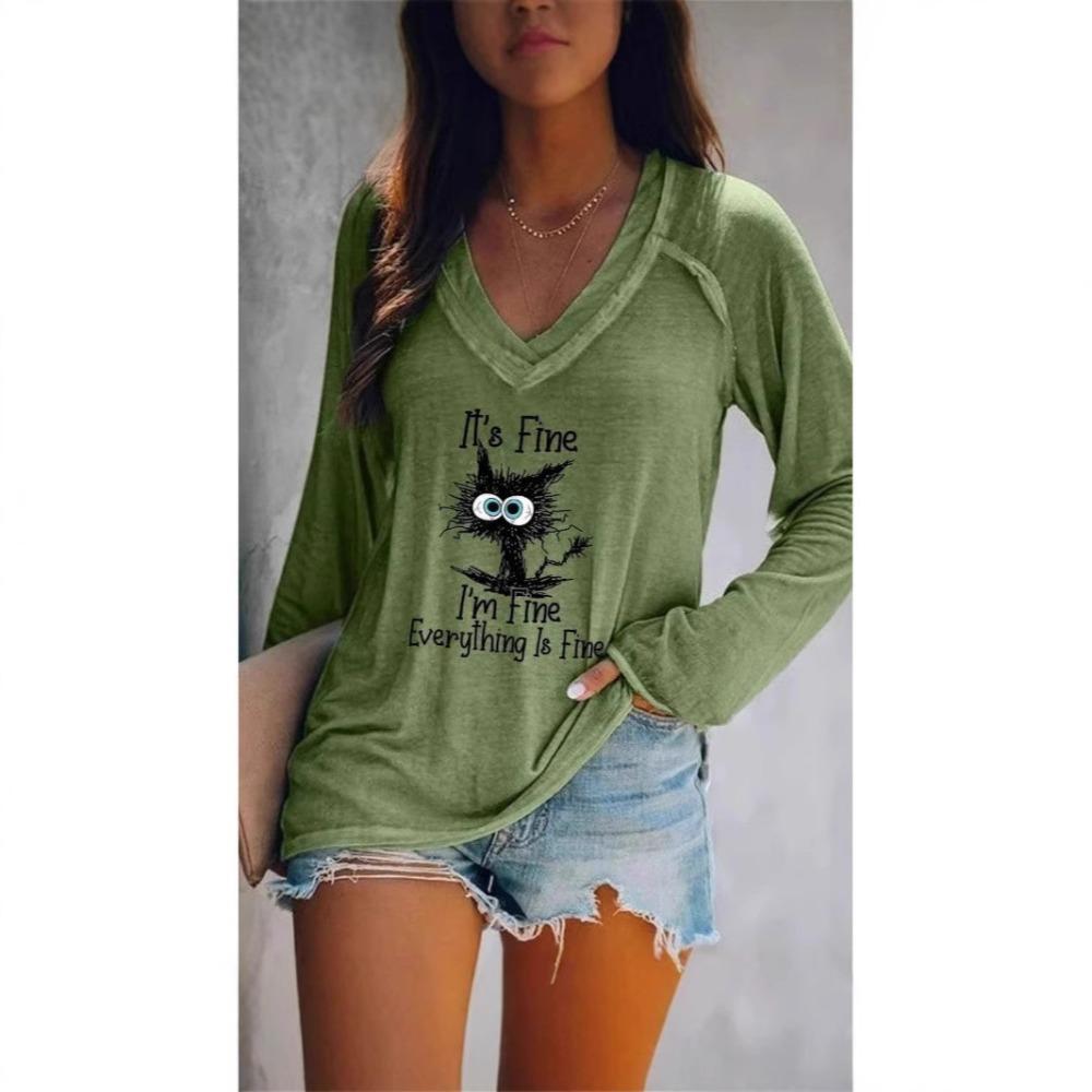 

Fashion Cartoon Cat 3D Printed Women s V-neck Long Sleeved T-shirt S
