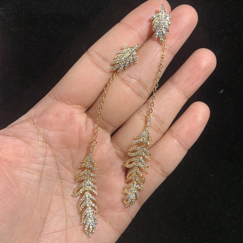 925 Silver Stud Earrings Gold Color Feather Earrings Popular Leaf Earrings Long Stud Earrings Elegant Exquisite Women's Earrings