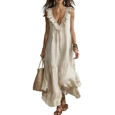 Women's Deep V Neck Maxi Dress Ruffle Trim Sleeveless