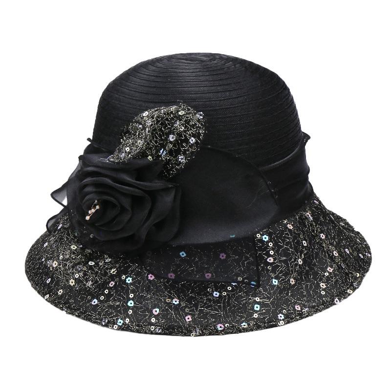 Spring and Summer New Light Luxury Mesh Sequined Top Hat Women's Banquet Sun Hat Three-dimensional Rose Decoration Light and Breathable