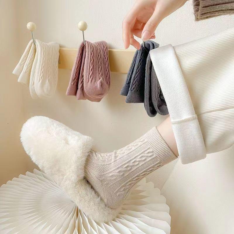 Women's Thick Cable-Knit Imitation Cashmere Mid-Calf Socks - Fleece-Lined, Warm, Japanese-Style, Maternity Slouch for Autumn/Winter