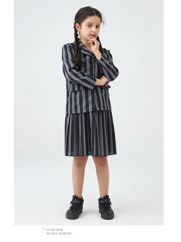 Auf Lager: Mittwoch Addams Schwarzes Kleid Halloween Cosplay Kostüm