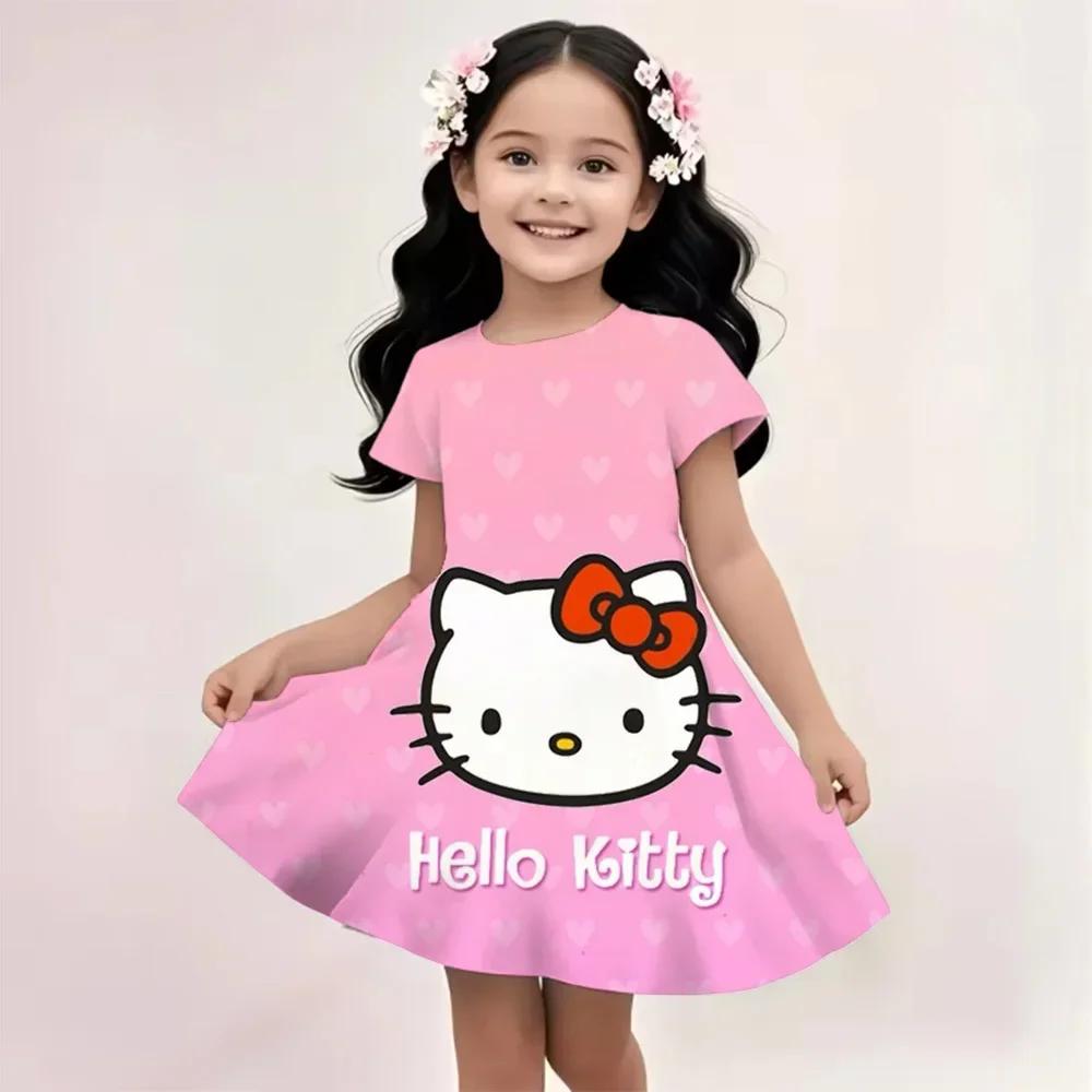Sanrio Summer Dress Fashion Cartoon Cute Cinnamoroll Hello Kitty 3D Printing Dress Kid Short Sleeve Princess Clothing Kuromi