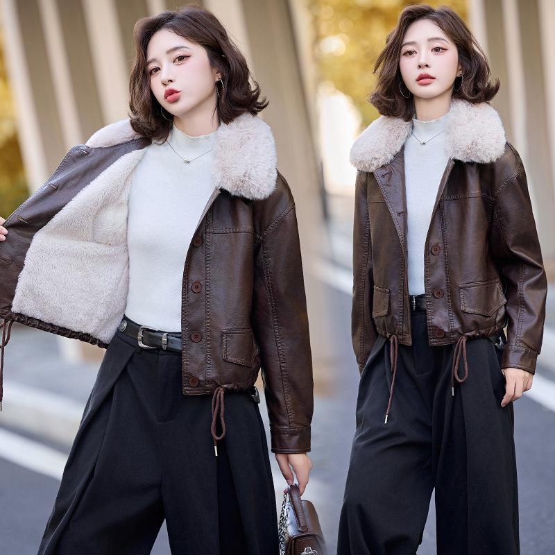 Fur integrated leather jacket women's autumn and winter autumn and winter new velvet leather jacket jacket