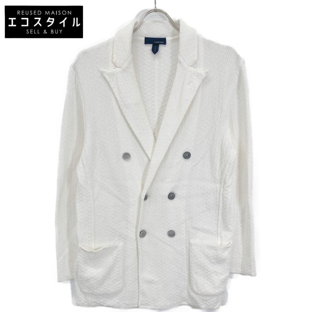LARDINI JMLJM21 White Cotton Center Vent Double Breasted Knit Tailored Jacket Jacket M whiteUsed