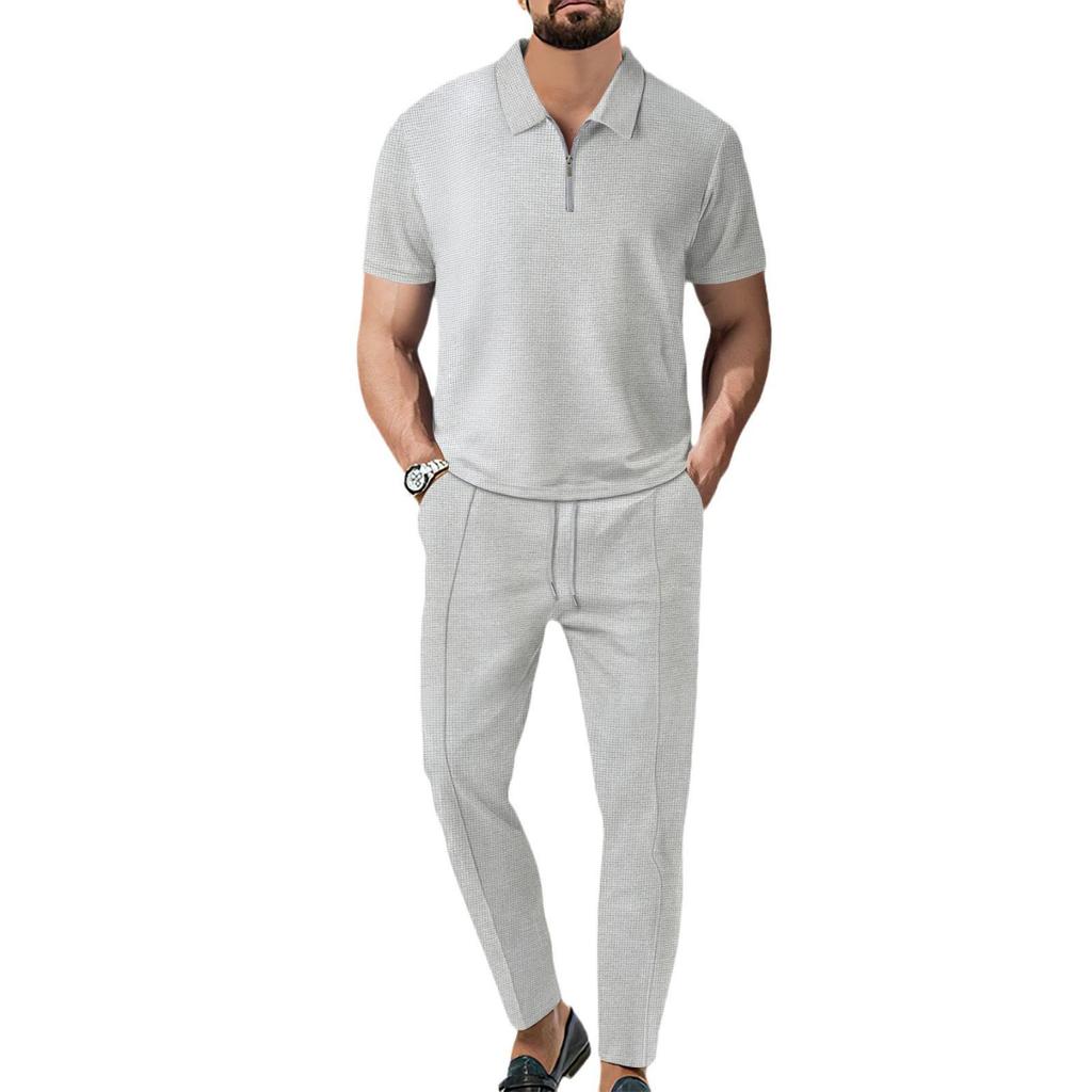 2025 Summer Men's Solid Color Waffle Knit Set with Turn-Down Collar Short Sleeve Top and Zipper Long Pants