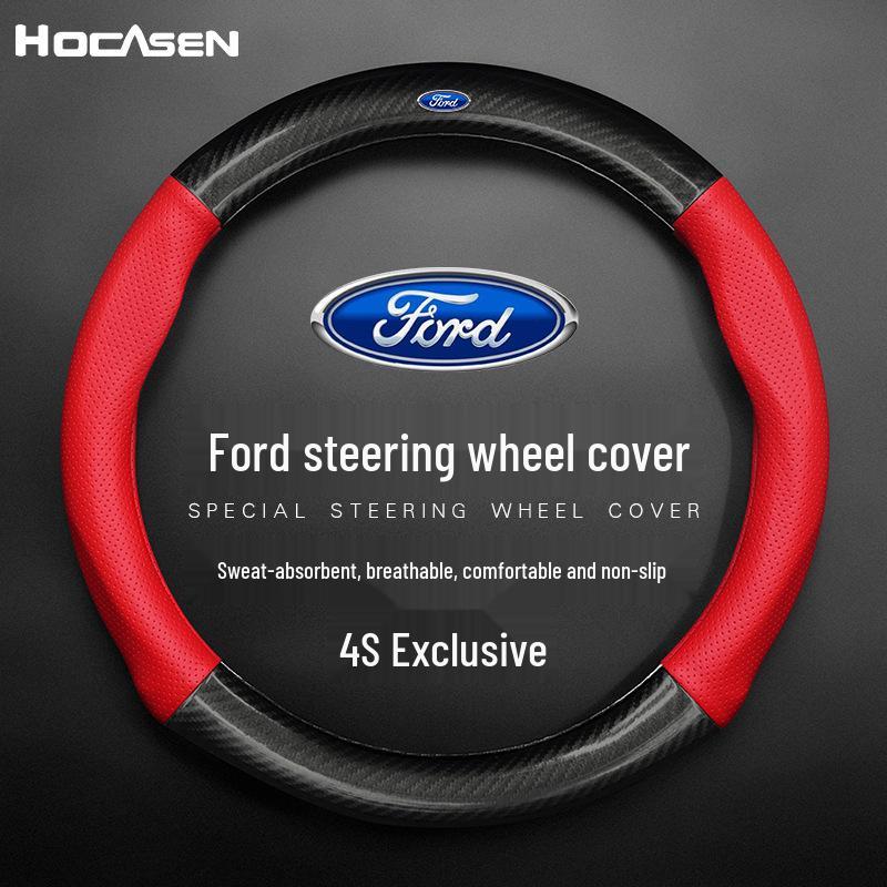 Genuine Leather & Carbon Fiber Steering Wheel Cover for Ford Focus, Mondeo, Kuga, Edge, Taurus