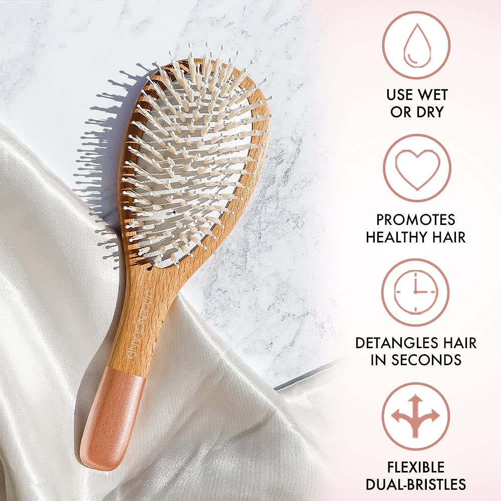 Lily England Wooden Hairbrush Set - Paddle Brush, Round Brush & Comb, Soft Bristles, Women's Hairbrush (Rose Gold)