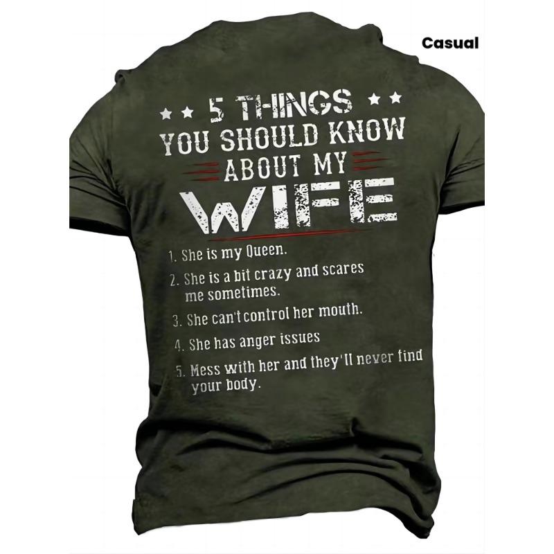 Men's Funny Letters Printed T-Shirt 5 Things About My Wife Quote Graphic Short Sleeve O-Neck Tops Summer Plus Size Vintage Casual Streetwear Tee
