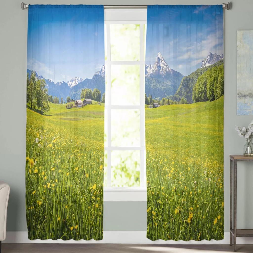 Idyllic Mountains Meadow Modern Printed Tulle Curtains for Bedroom Balcony Window Decor Creative Fashion Home Sheer Curtain