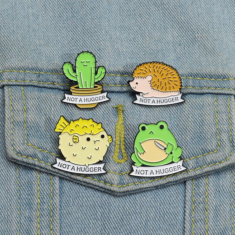 Hedgehog Cactus Not A Hugger Enamel Pins Cute Cartoon Thorny Animals Frog Brooch Backpack Lapel Badge Gift for Friends Wholesale