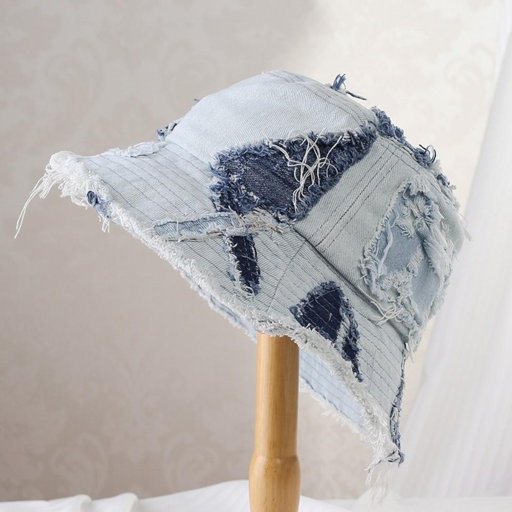 Patched Denim Bucket Hat Beggar Style Sun Protection Basin Cap Niche Retro Fisherman Hat Unisex