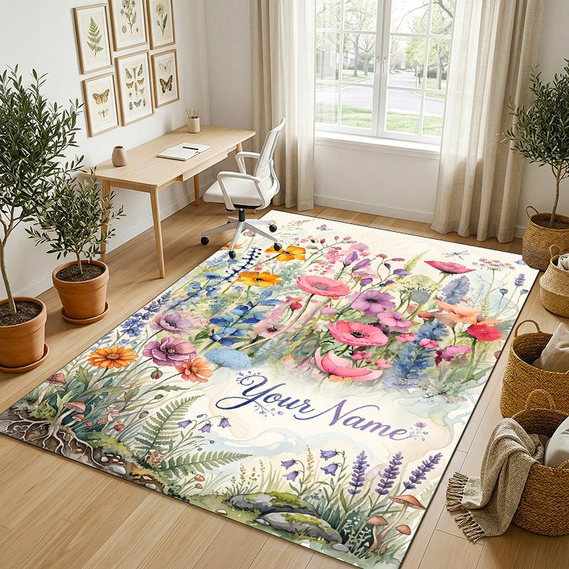 Blumen-Fantasy-Garten-Thema Weicher Kristall-Samt-Teppich Benutzerdefinierter Name & Textdruck Rutschfester Bodenläufer für Schlafzimmer Wohnzimmer
