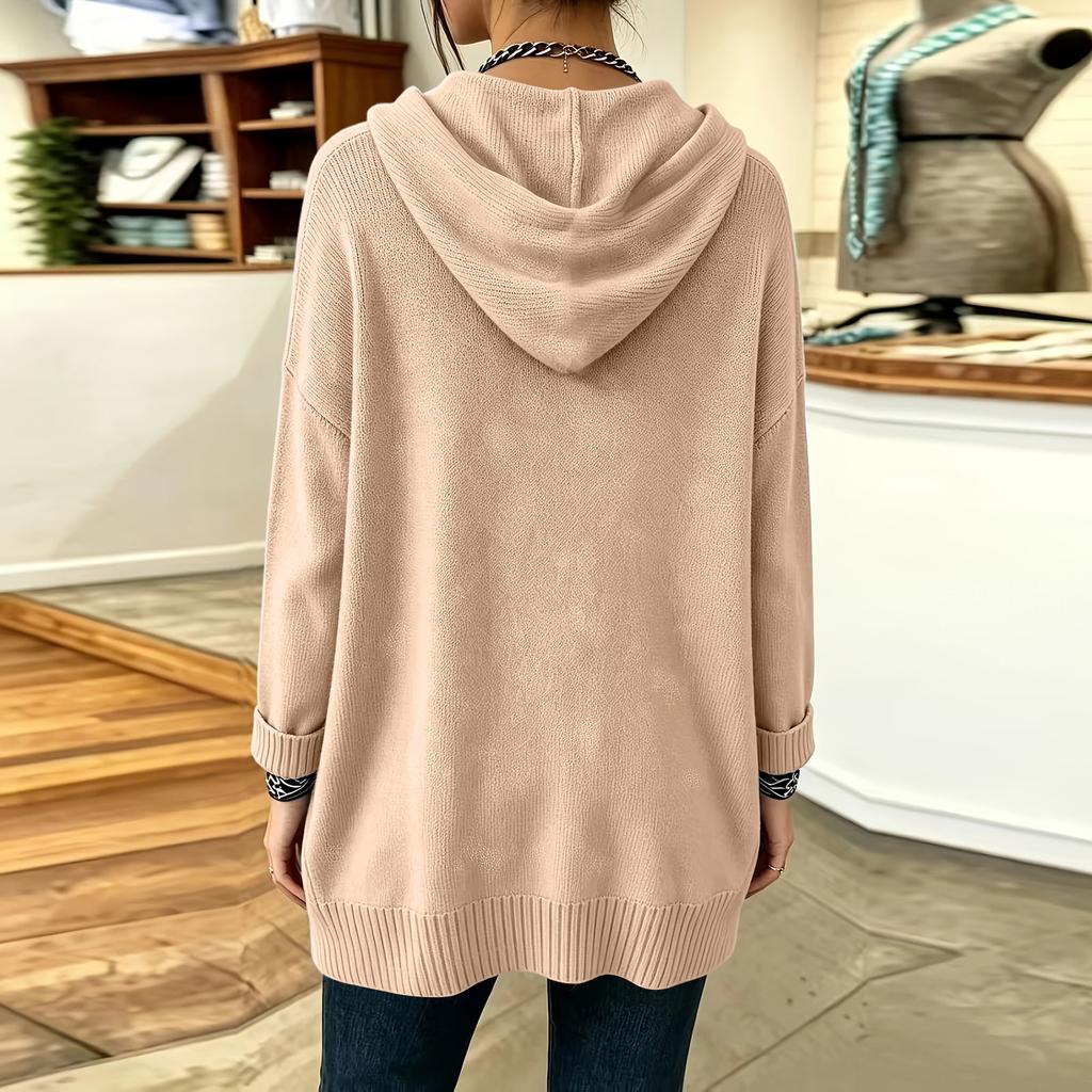 Women's round-neck solid-color long-sleeved double-pocket hooded sweater in knitted fabric