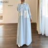 Women Casual Turn Down Collar Loose Long Sleeve Stripe Long Dress