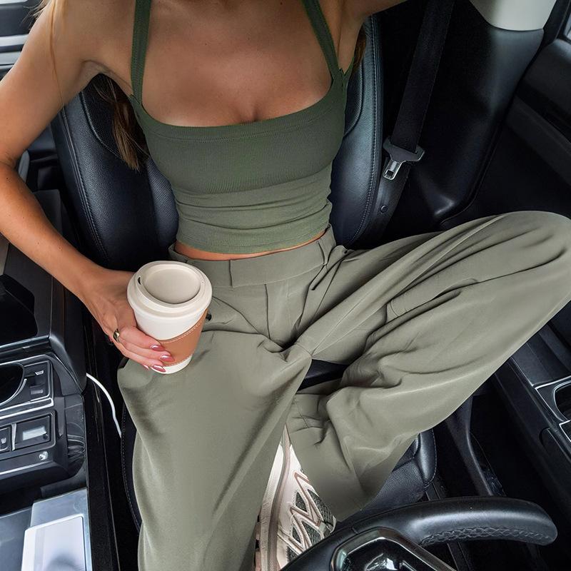Débardeurs Casual Nervurés Femme Bas Col Bretelles Croisées Aminces Dos Nu Ventre Découvert Style High Street Filles Chaudes Hauts Classiques