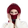 Women Hat with Long Scarf Full Face Guard Warm Knit Thermal Fleece Winter Ski Hat Patchwork Color Plush Ball Decor Cold Weather Headgear