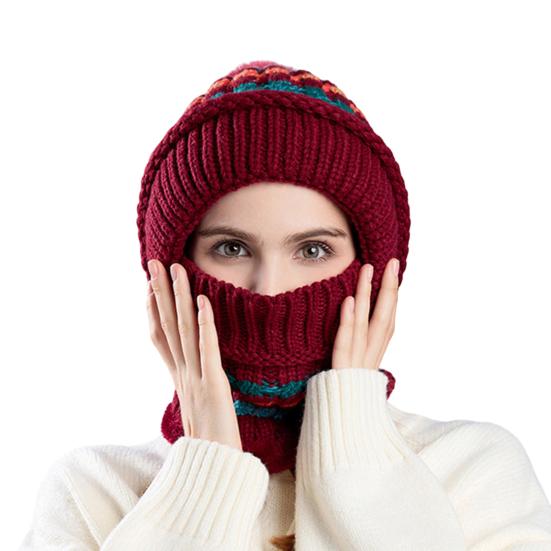 Women Hat with Long Scarf Full Face Guard Warm Knit Thermal Fleece Winter Ski Hat Patchwork Color Plush Ball Decor Cold Weather Headgear