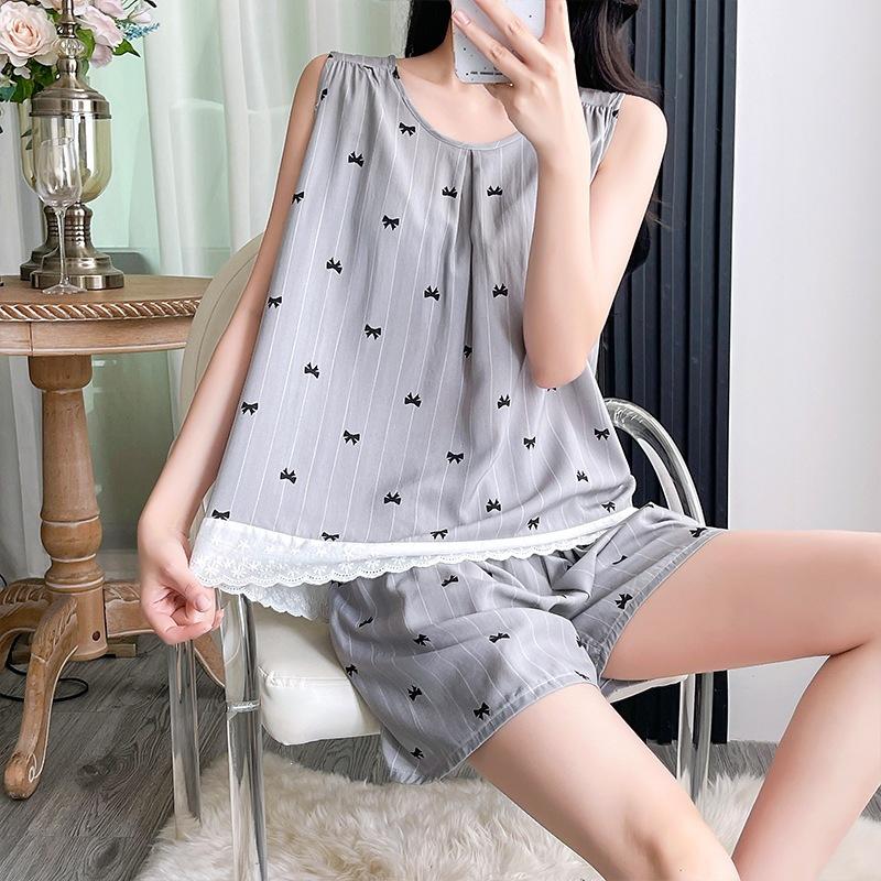 French pajamas sleeveless shorts loose ruffle edge suit women's summer anti-bumping cotton and silk loungewear can be worn outside