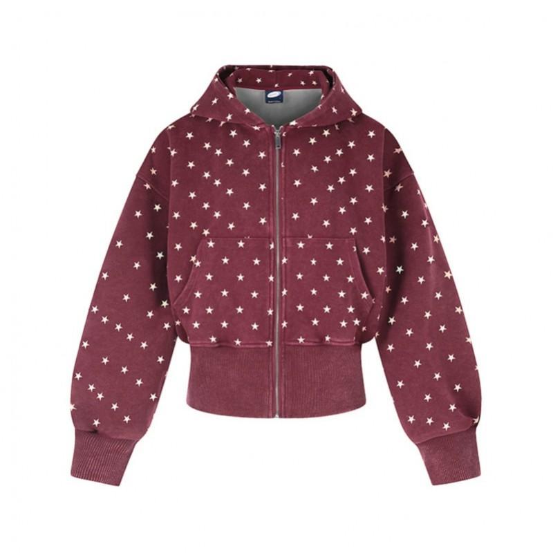 Vintage Polka Dot Hoodie Loose Fit Short Zip Up Cardigan Teens Streetwear