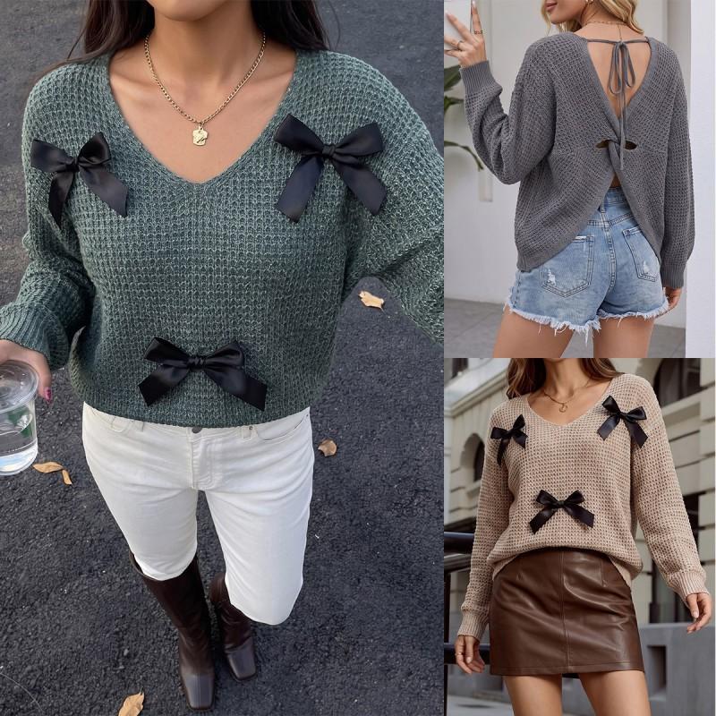 Womens Early Fall Sweater Sexy V-Neck Backless Tie Knit Top Bow Patchwork Streetwear