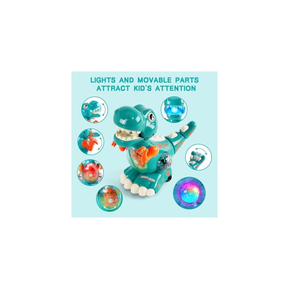 Tokidaring Musical Dino Toy: Crawling & Walking Green Dinosaur for Boys, Automatic Movement, Obstacle Avoidance, LED Lights, Safe ABS, Gift for 3+