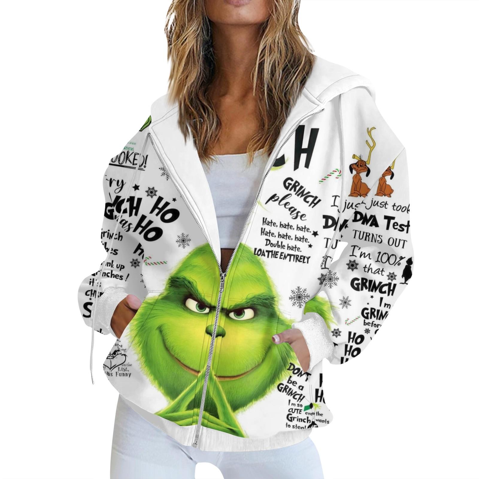 Women s Fashion Casual Christmas Print Long Sleeve Sweatshirt Pocket Jacket Zipper Hoodie Coat XL белый