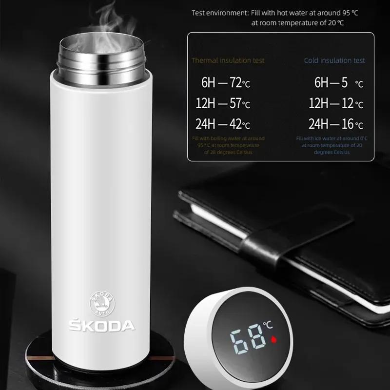500ml Car Smart Thermos Mug Stainless Steel ulated Water Bottle For Skoda Octavia Superb Rapid Kodiaq Karoq Fabia Kamiq Enyaq