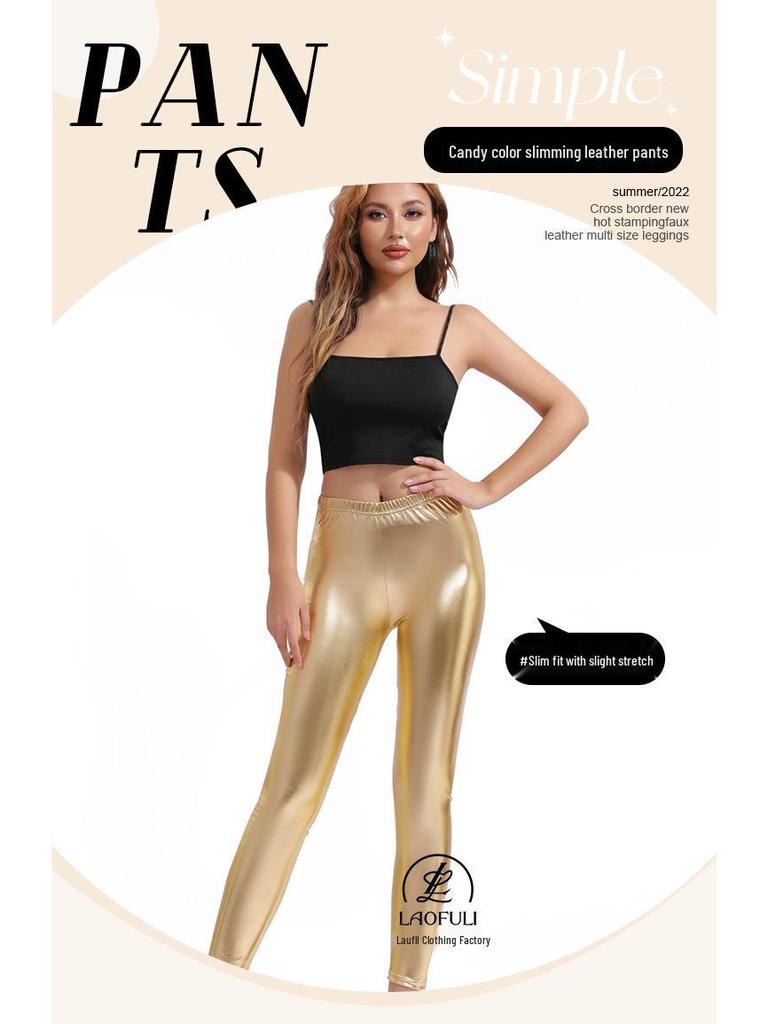 Gold Stamped Faux Leather Shiny Leggings - European & American Style, Candy Color, Nightclub Tight Cropped Pants